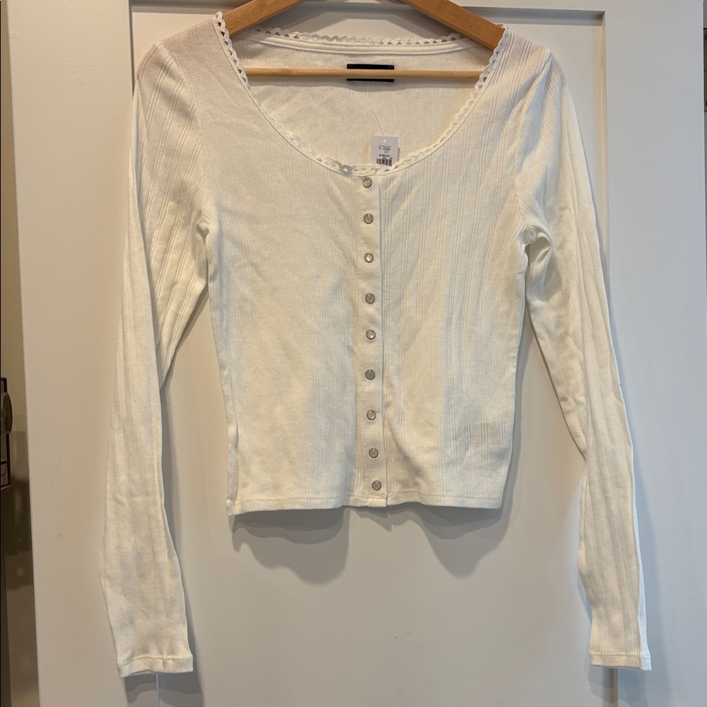 GAP White Pointelle Ribbed Scoop-Neck Button-Front Long Sleeve Top